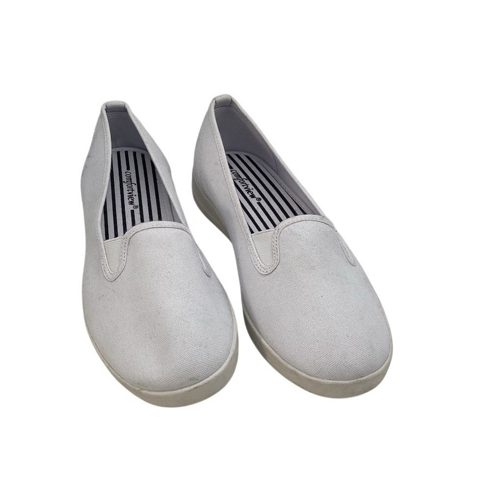 Comfortview Womens Slip-On Sneakers‎ White Canvas Twin Gore Casual Shoes